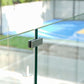 Two tempered glass panels joined inline by a brushed stainless connector