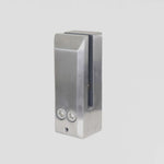 Brushed stainless steel side mount spigot fixed to a deck fascia holding a glass panel