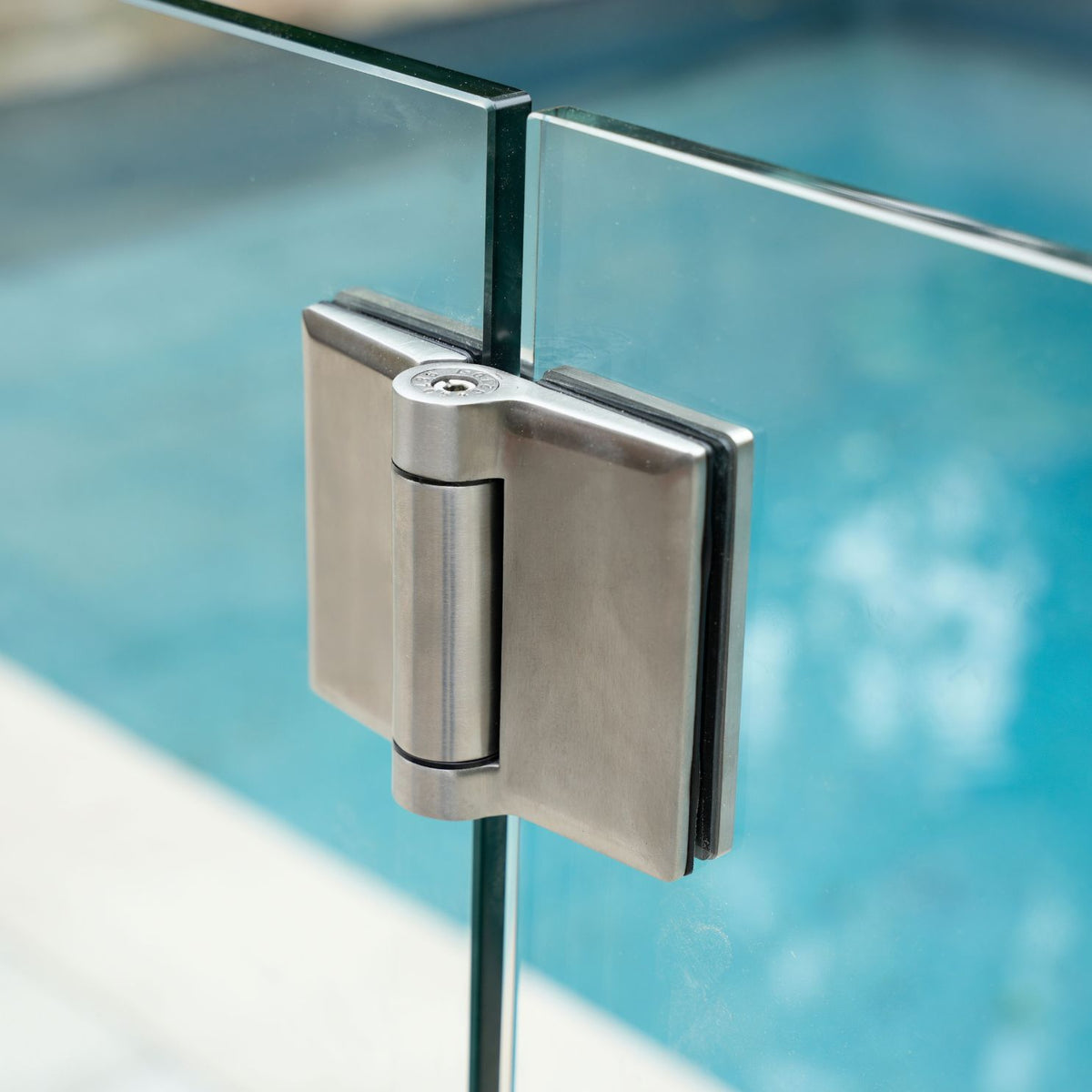 Self-closing glass gate hinge in brushed stainless steel for frameless glass railing