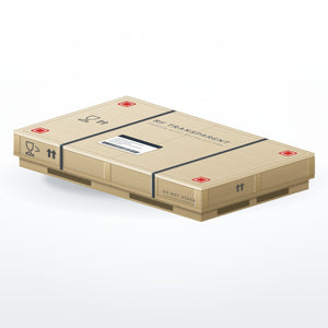 Heavy duty plywood shipping crate on a wooden pallet, strapped and labelled for glass railing shipment